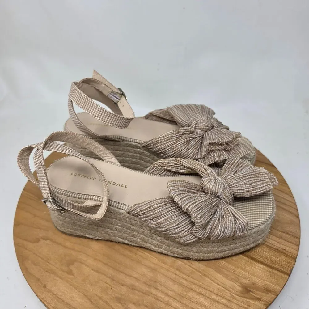 Loeffler Randall Shoes 7.5 Posey Espadrille Gingham Pleated Wedge Bow Jute Chic